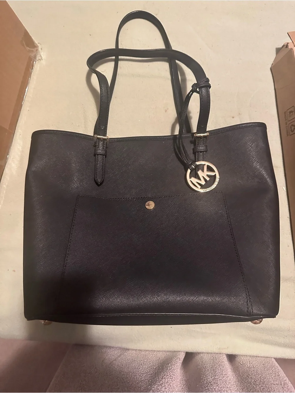 Michael Kors Black Saffiano Tote with Gold MK Charm